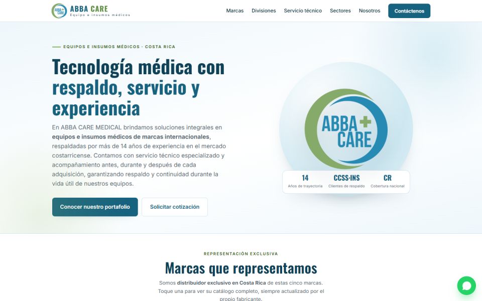 Portada del sitio de Abba Care, distribuidora de equipo e insumos médicos, con el titular «Tecnología médica con respaldo, servicio y experiencia» y sus 14 años de trayectoria.