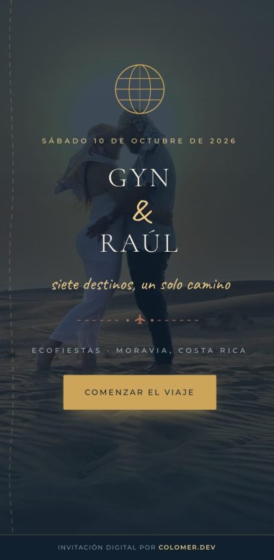 Portada de la invitación de boda de Gyn y Raúl, con temática de viajes sobre un paisaje de desierto al atardecer.