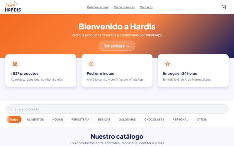 Portada de la tienda en línea de Hardis Alianza Mercantil, con el mensaje de bienvenida, sus ventajas (más de 537 productos, pedido en minutos, entrega en 24 horas) y el buscador del catálogo.