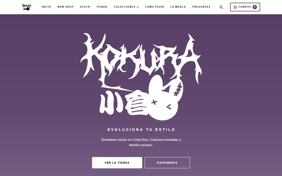 Portada de la tienda en línea de Kokura, marca de streetwear gamer y anime, con el logotipo, el lema «Evoluciona tu estilo» y los botones para ver la tienda o escribir.