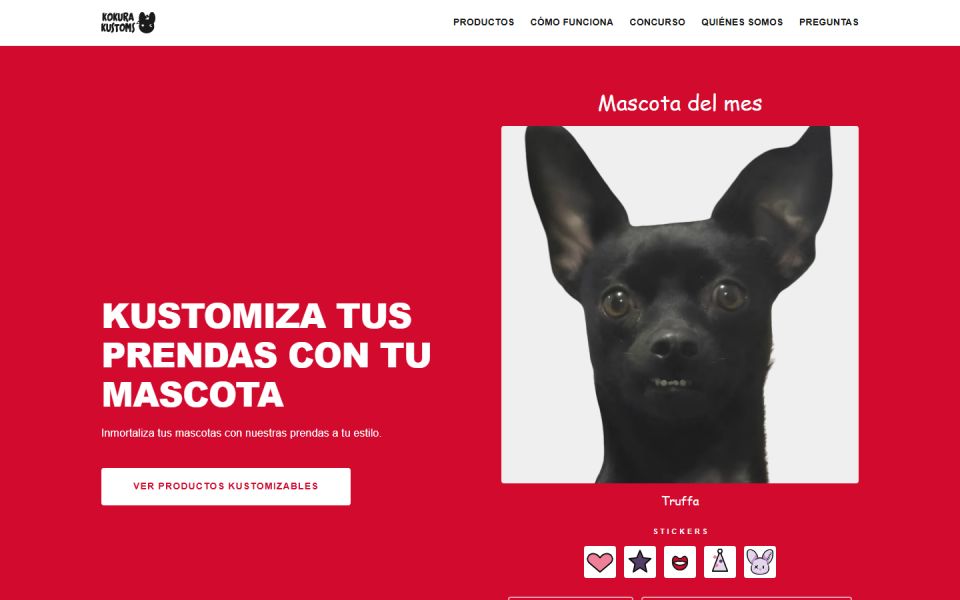 Portada de Kokura Kustoms, sitio para personalizar prendas con la cara de tu mascota, con el titular «Kustomiza tus prendas con tu mascota» y el editor de la mascota del mes con stickers, sobre fondo rojo.