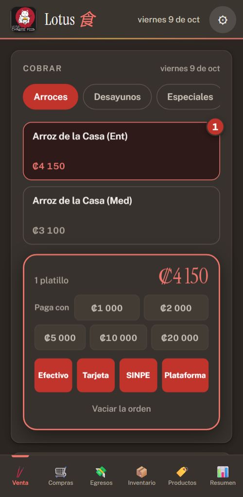 Pantalla de venta del sistema de Lotus Chinese Food en un celular: fichas de platillos con su precio de menú, el total de la orden y los métodos de pago (efectivo, tarjeta, SINPE y plataforma).