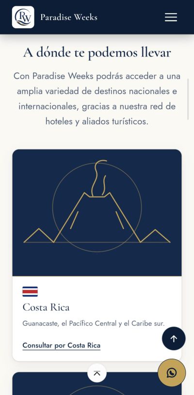 Sitio de Paradise Weeks mostrando la sección de destinos, con una tarjeta de Costa Rica y su descripción.