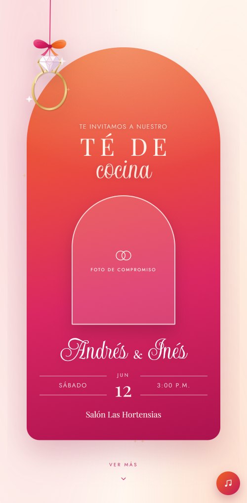 Ejemplo de invitación de té de cocina en coral y fucsia, con un anillo de compromiso colgando.