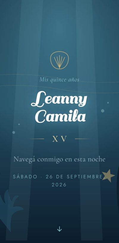 Portada de la invitación de XV años de Leanny Camila, con temática bajo el mar en tonos azules y dorado.
