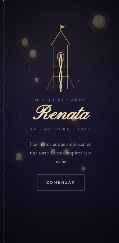 Portada de la invitación de XV años de Renata, con una torre iluminada y linternas flotantes sobre un cielo nocturno.